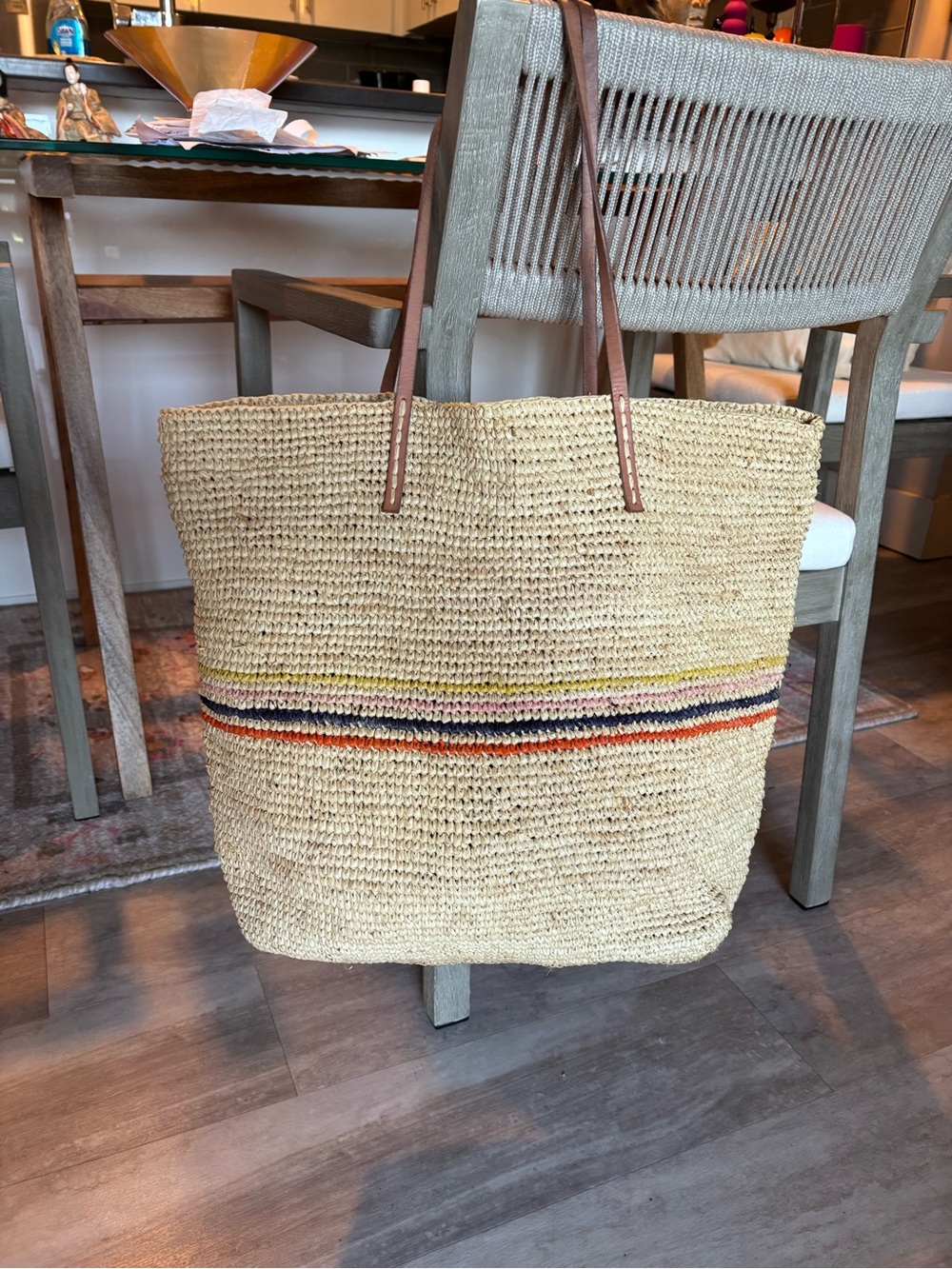 Hat Attack brand Luxe Stripe Tote in Raffia and Leather